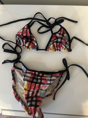 Burberry Multicolor Plaid Triangle String Bikini with Black Trim